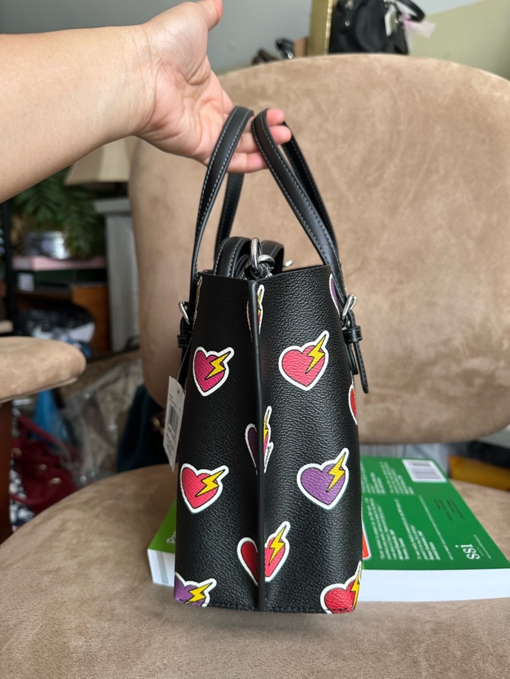 #92. Coach Mollie Tote 25 Heart Bolt Print 2-Way Bag CW435 Black New with Tag - Picture 6 of 13